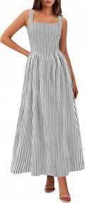 Women'S Maxi Dress Summer Striped Sundress | Sleeveless Square Neck, Long Flowy a Line, Smocked Back, Pockets, Casual Spring Outfits for Beach Vacation, Resort, Party
