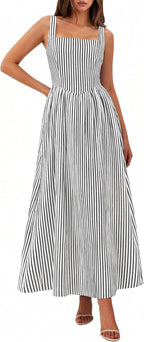 Women'S Maxi Dress Summer Striped Sundress | Sleeveless Square Neck, Long Flowy a Line, Smocked Back, Pockets, Casual Spring Outfits for Beach Vacation, Resort, Party