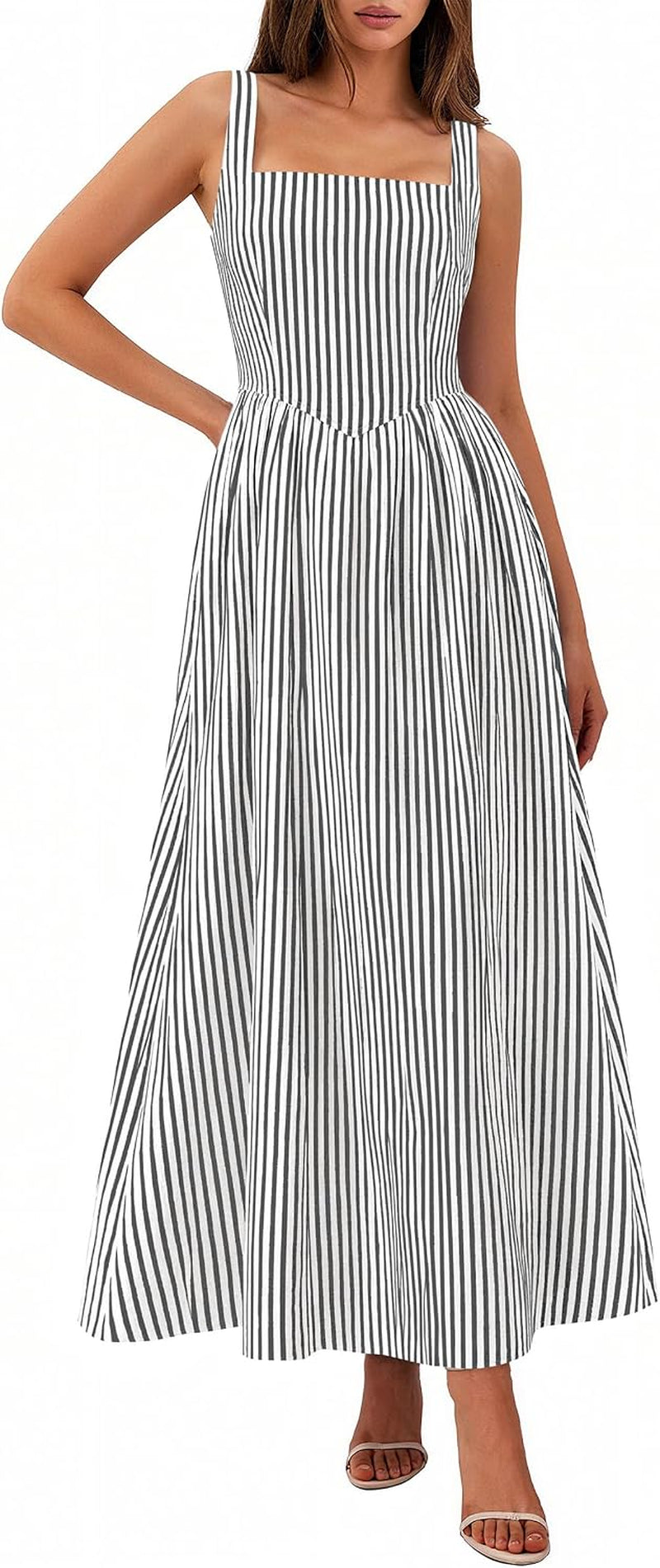 Women'S Maxi Dress Summer Striped Sundress | Sleeveless Square Neck, Long Flowy a Line, Smocked Back, Pockets, Casual Spring Outfits for Beach Vacation, Resort, Party