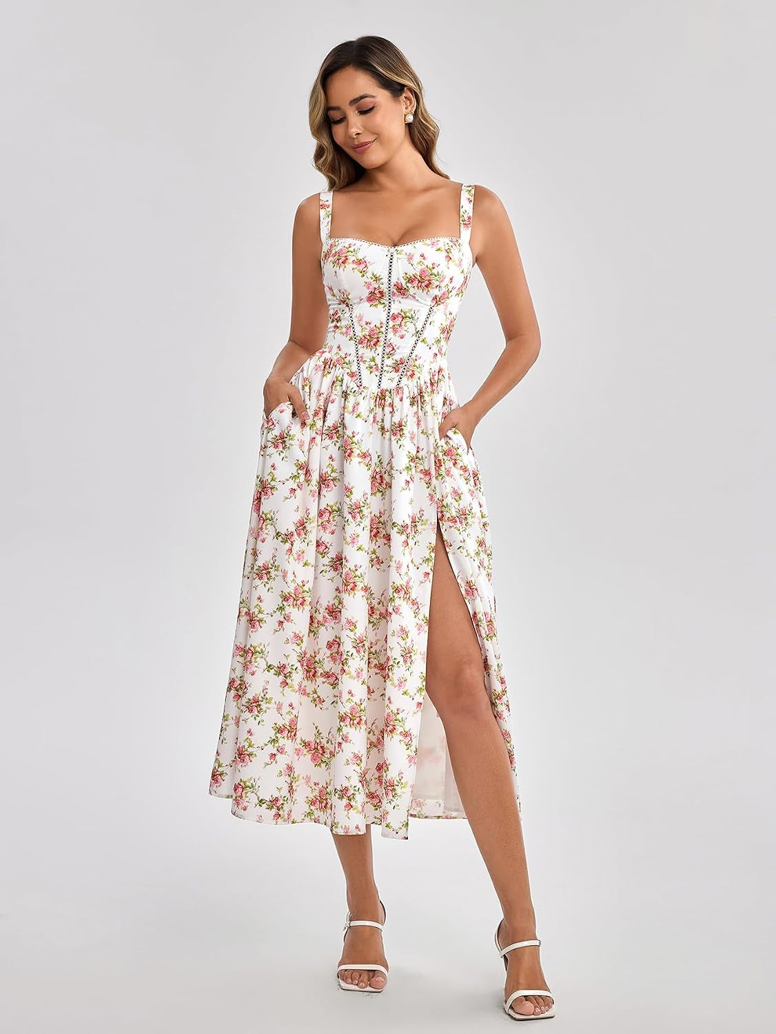 Summer Floral Corset Midi Wedding Guest Dresses for Women | Slit Flowy Sundress with Pockets, Idea for Garden Tea Party Engagement Bridal Shower Fancy Cottagecore Milkmaid