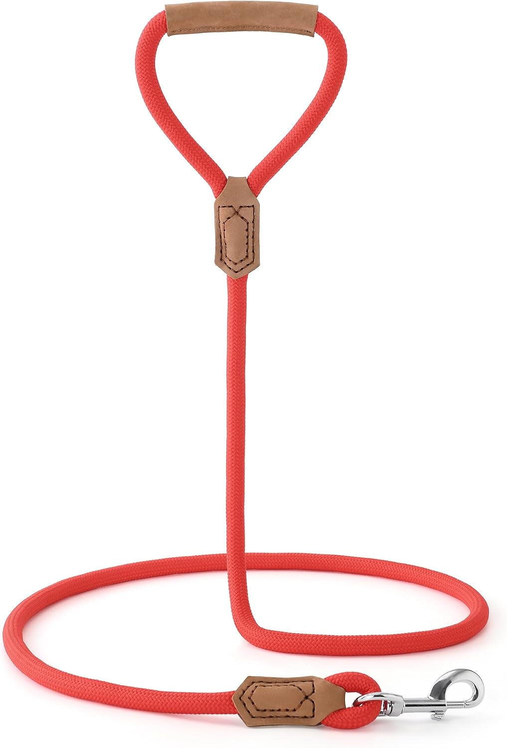 Dog Leash with Genuine Leather Connection/Handle, 4/5/6 FT | Rope Leash, Heavy Duty 360° Swivel Metal Clasp, for Small Medium & Large Dogs