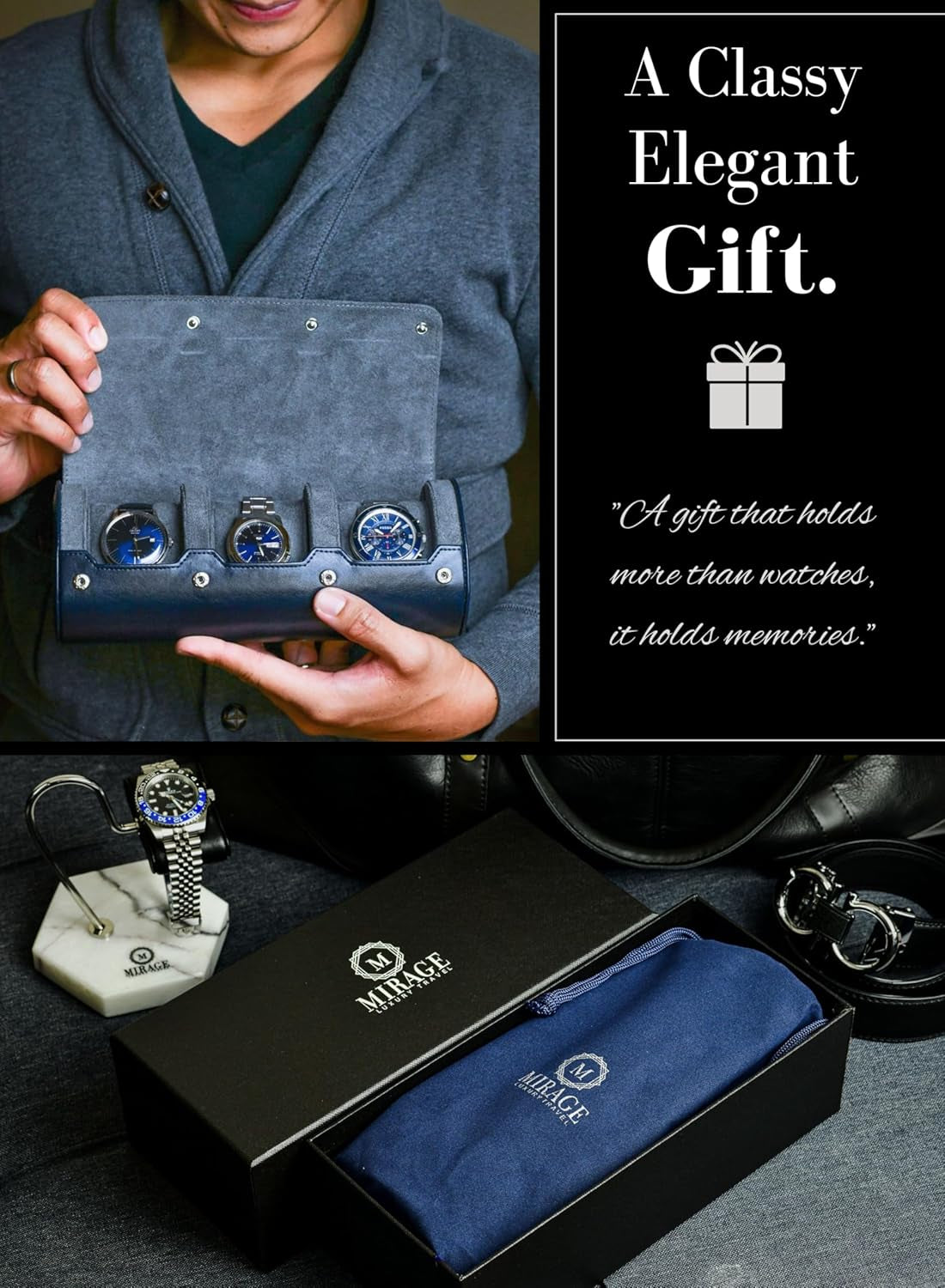 Watch Case Travel Organizer - Watch Roll Case - 3 Watch Case Display Storage - Watches Accessory Gift - Midnight Blue Leather