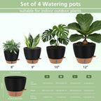Self Watering Pots with Water Level Indicator, 12" 10" 9" 8" Large Plastic Flower Pots with Mesh Drainage Hole and Removable Saucer Reservoir for Indoor Outdoor Plants 4Pcs （Black