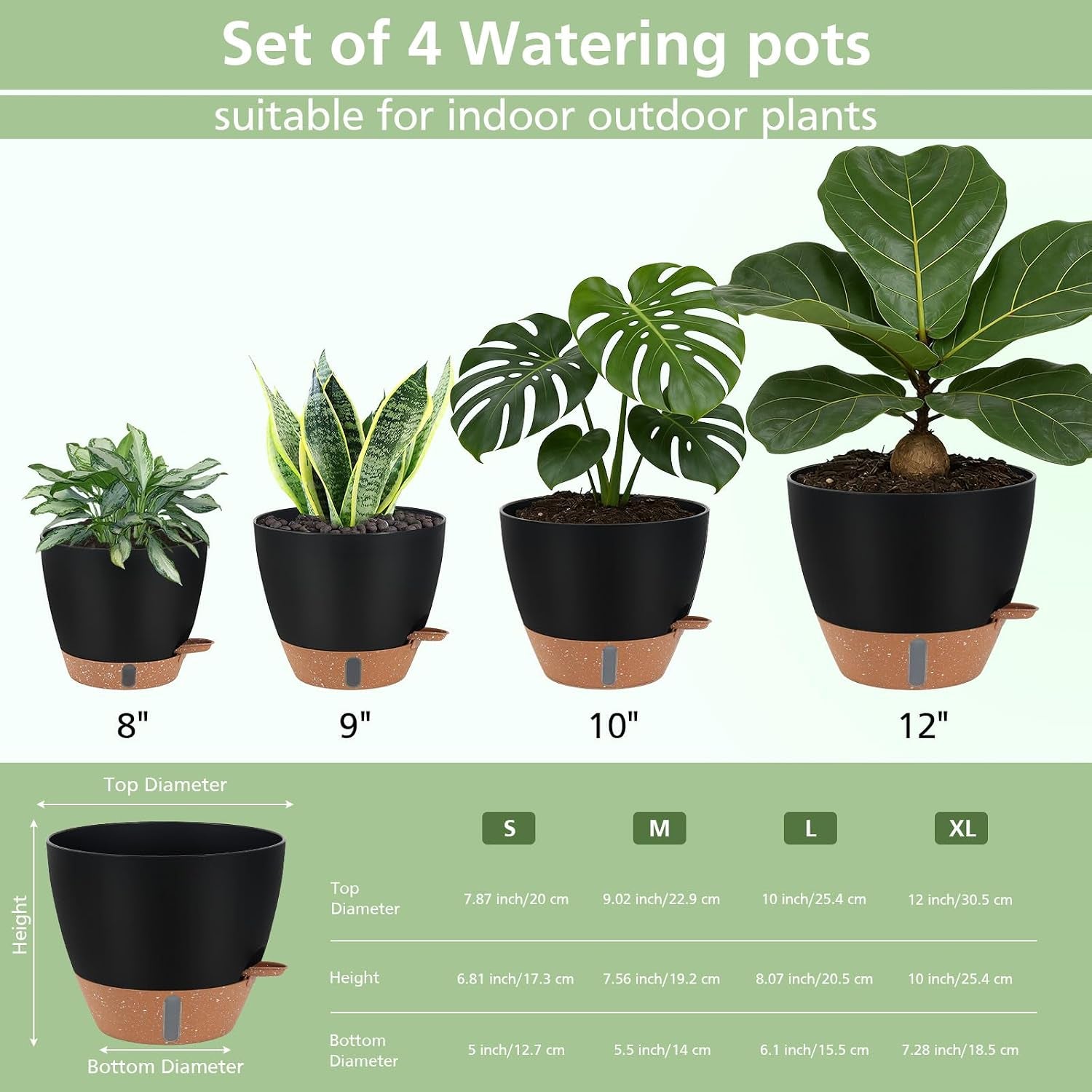 Self Watering Pots with Water Level Indicator, 12" 10" 9" 8" Large Plastic Flower Pots with Mesh Drainage Hole and Removable Saucer Reservoir for Indoor Outdoor Plants 4Pcs （Black