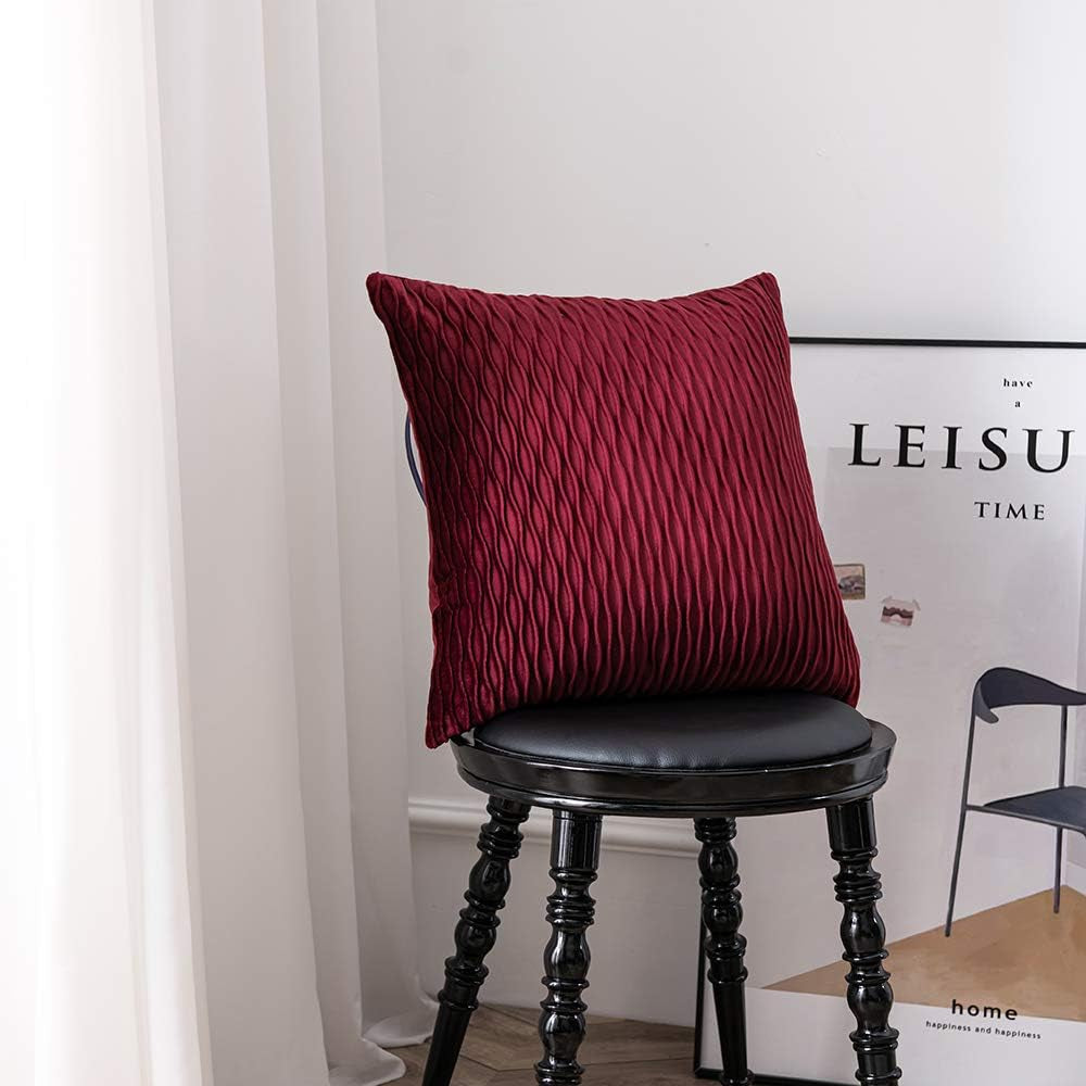Burgundy Throw Pillow Covers: Pack of 2 24X24 Inch Vertical Ripple Striped Velvet Square Decorative Pillow Cases for Farmhouse Couch Sofa Bed Living Room Home Decor