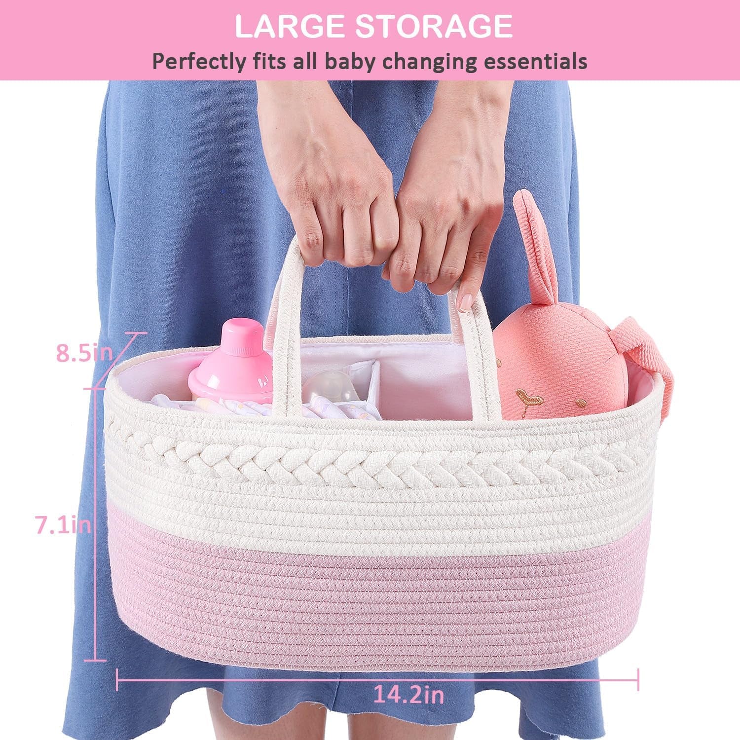 Diaper Caddy Organizer, Rope Woven Storage Baske, Pink | Cotton Rope, Nursery Storage Basket for Car & Changing Table | Holds Diapers, Wipes & Baby Essentials | Durable