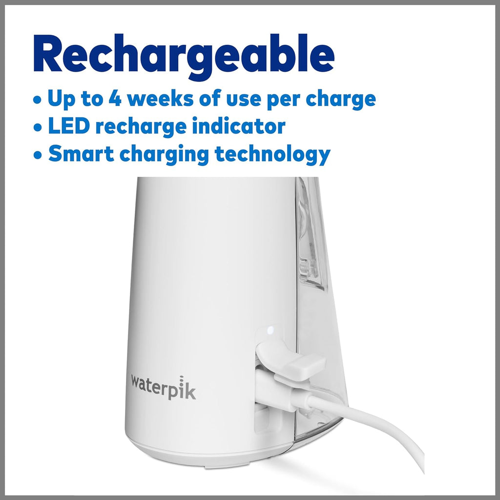 Cordless Pulse Rechargeable Portable Water Flosser for Teeth, Gums, Braces Care and Travel with 2 Flossing Tips, Waterproof, ADA Accepted, WF-20 White