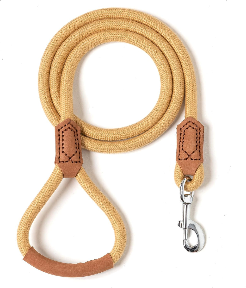 Dog Leash with Genuine Leather Connection/Handle, 4/5/6 FT | Rope Leash, Heavy Duty 360° Swivel Metal Clasp, for Small Medium & Large Dogs