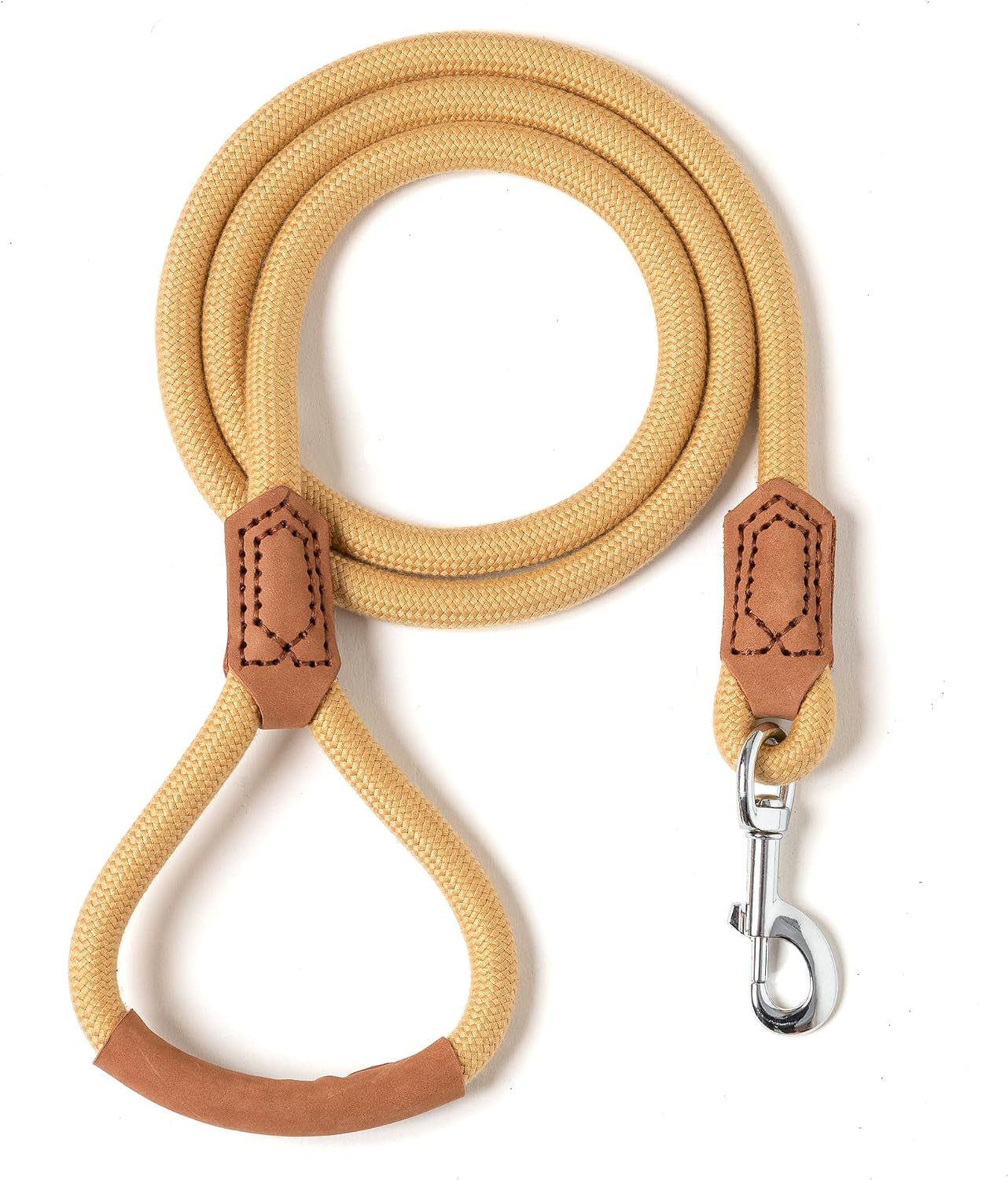 Dog Leash with Genuine Leather Connection/Handle, 4/5/6 FT | Rope Leash, Heavy Duty 360° Swivel Metal Clasp, for Small Medium & Large Dogs