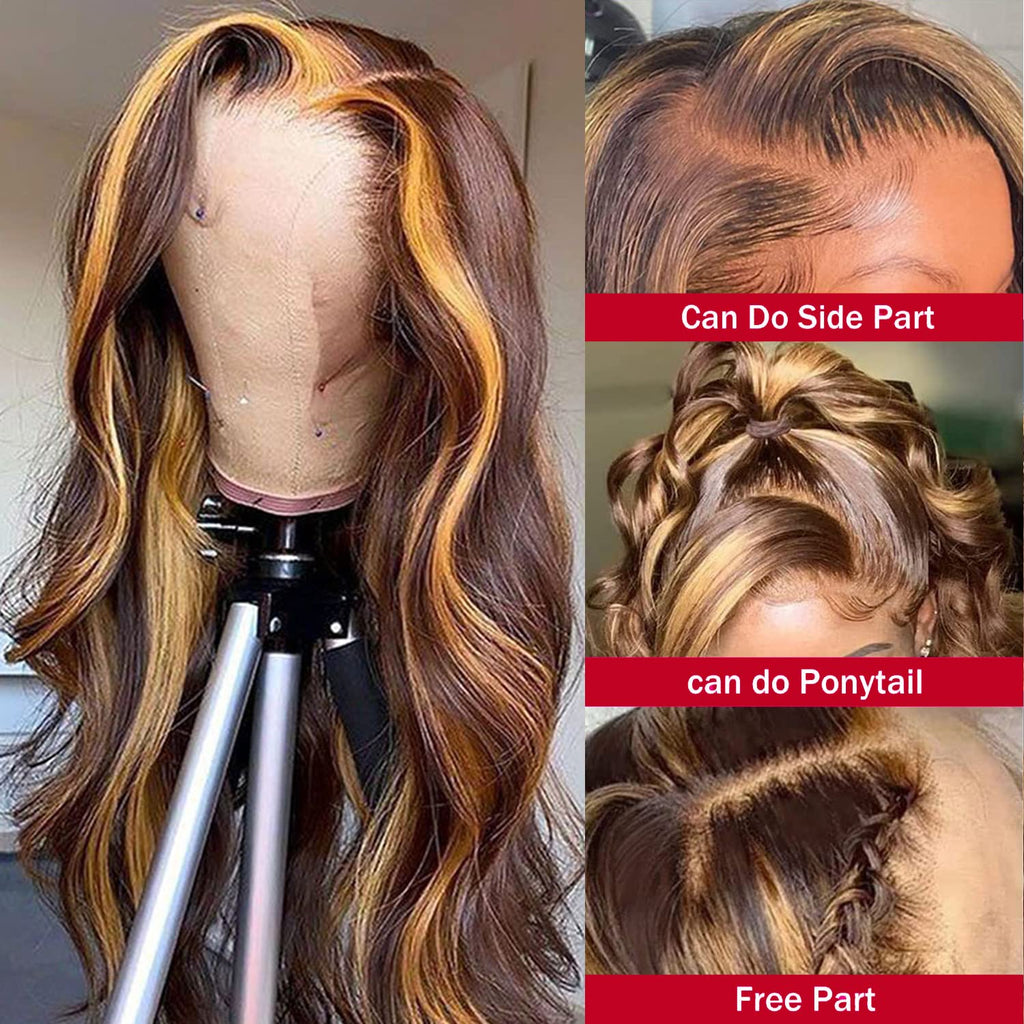 20 Inch Highlight Ombre 13X4 HD Lace Front Wig Human Hair Transparent 4/27 Honey Blonde Lace Frontal Wigs with Baby Hair 180% Density Colored Body Wave Lace Front Wig Human Hair for Women