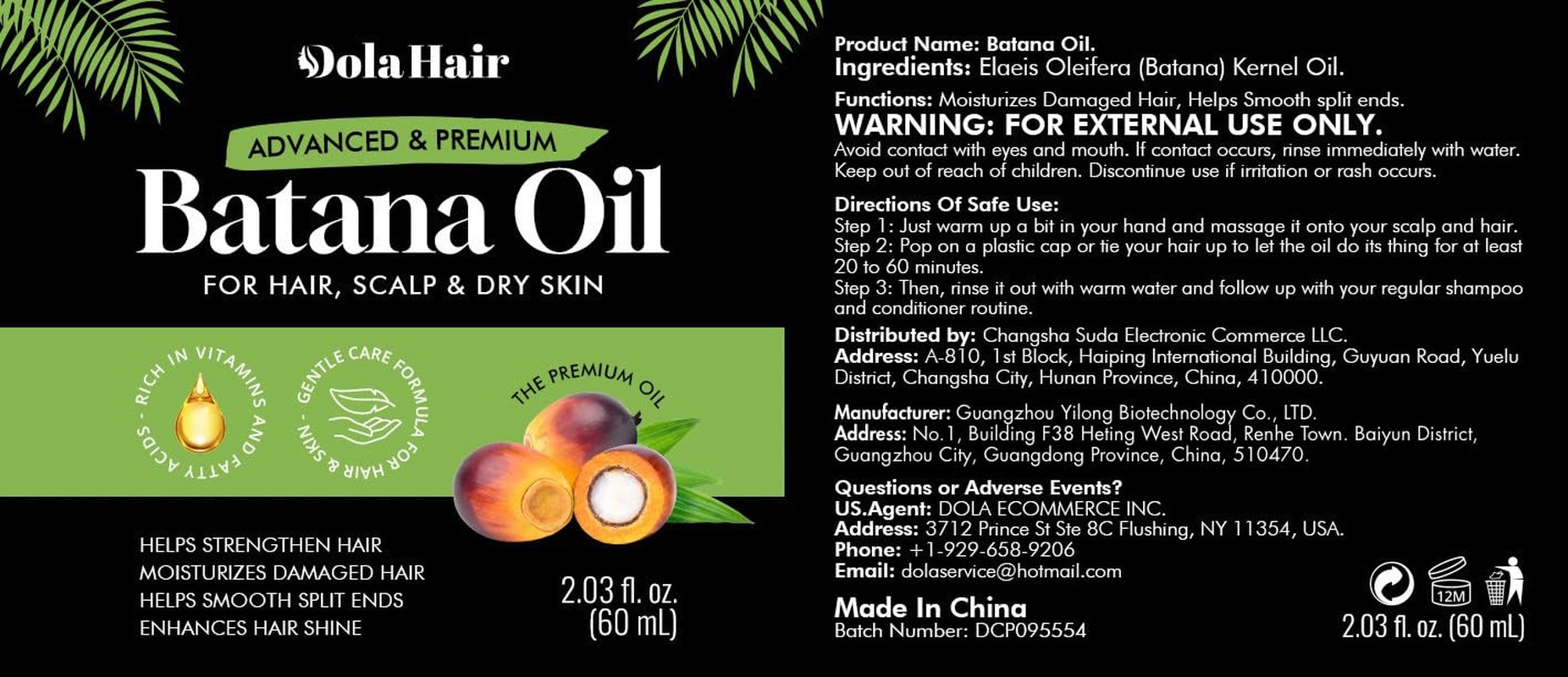 Batana Oil for Hair, Scalp & Skin, Natural Elaeis Oleifera Kernel Oil, Moisturizing Hair Oil for Dry Hair, Lightweight Conditioning Oil, Enhances Softness & Shine, 2.03 Fl Oz (60 Ml)