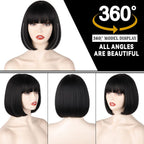 Black Short Bob Wig,Straight Black Bob Wig with Bangs, 10 Inch Straight Bob Bangs Wig for Women Natural Looking for Daily Use
