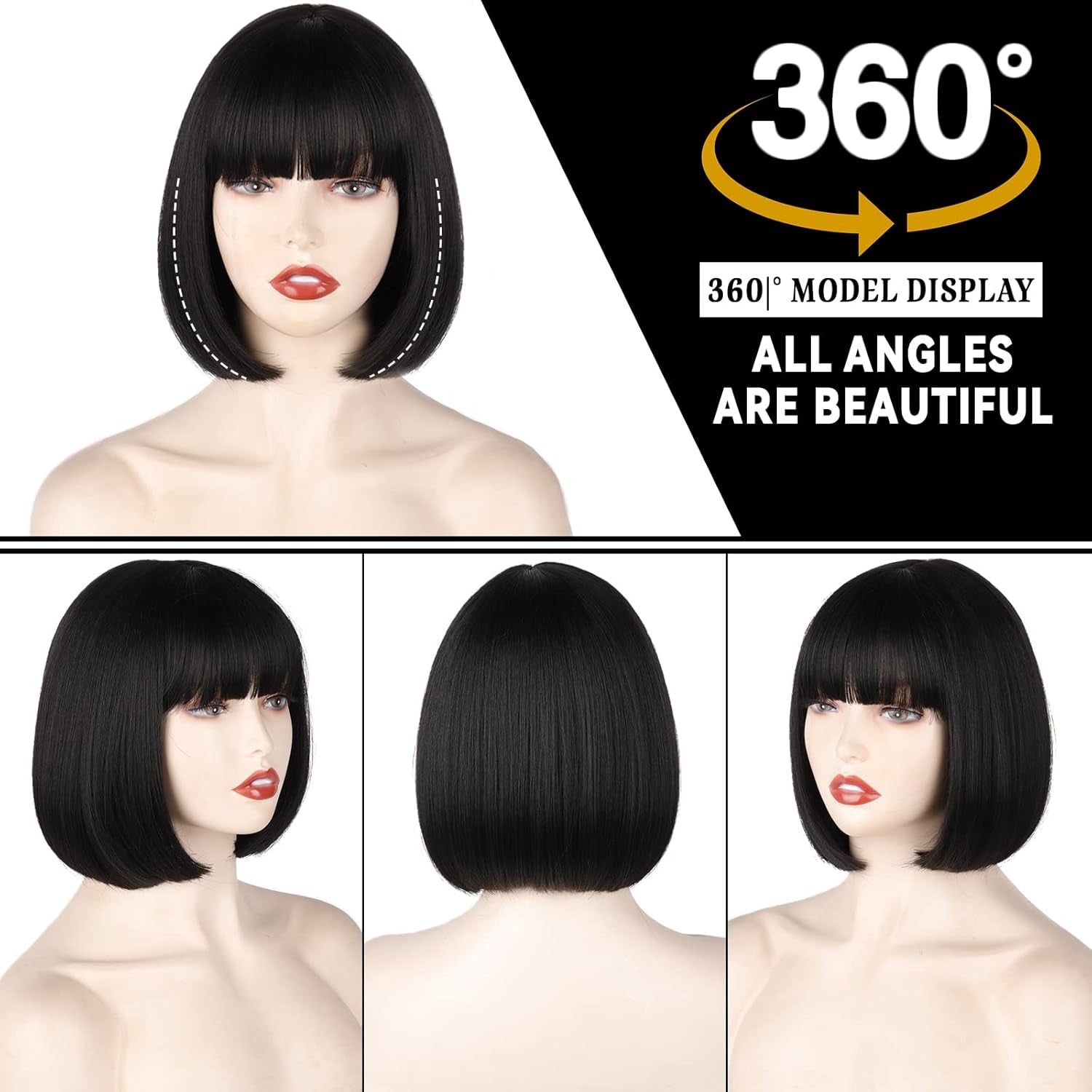 Black Short Bob Wig,Straight Black Bob Wig with Bangs, 10 Inch Straight Bob Bangs Wig for Women Natural Looking for Daily Use