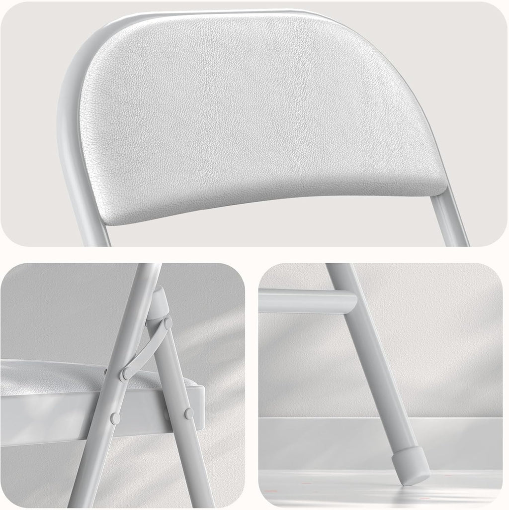 Folding Chairs with Padded Vinyl Cushion Chairs with Comfortable Cushion and Durable Steel Frame for Home and Office, for Indoor and Outdoor Events (White, Vinyl, 4 Pack)