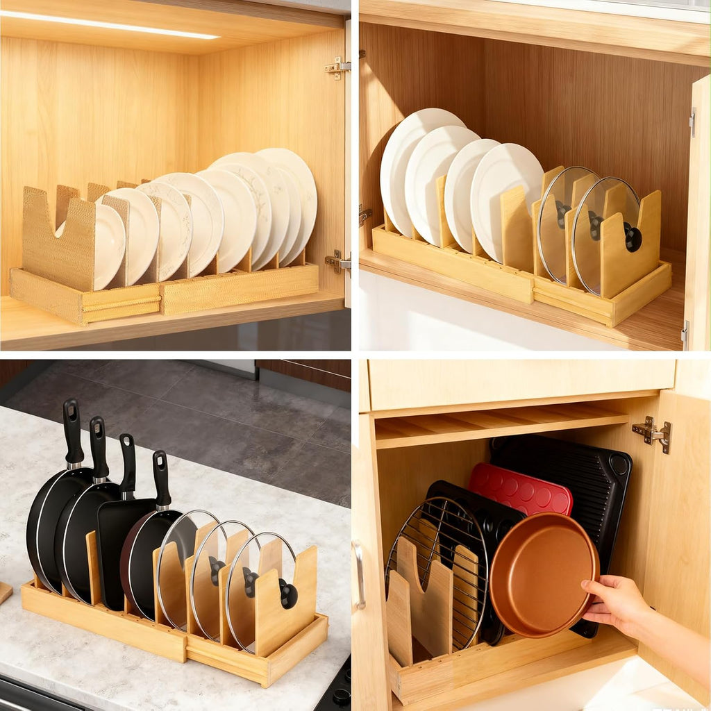 Pots and Pans Organizer for under Cabinet - Expandable Bamboo Pot Lid Organizer, Pan Organizers inside Cabinet, Drawer Pot Lid Holder Rack for Kitchen Organization and Storage