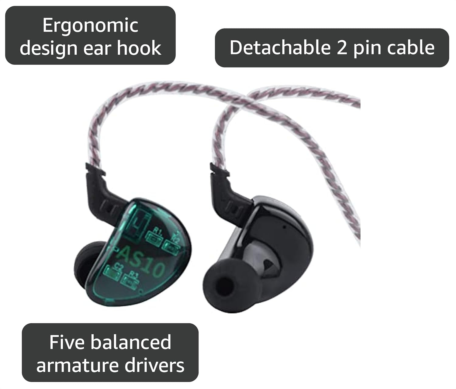KZ AS10 5BA Hifi Stereo In-Ear Monitor Hifi Wired Earbuds Earphones | with 0.75Mm 2 Pin Cable, Five Balanced Armature Drivers, Noise Cancelling, W/ Mic, Cyan