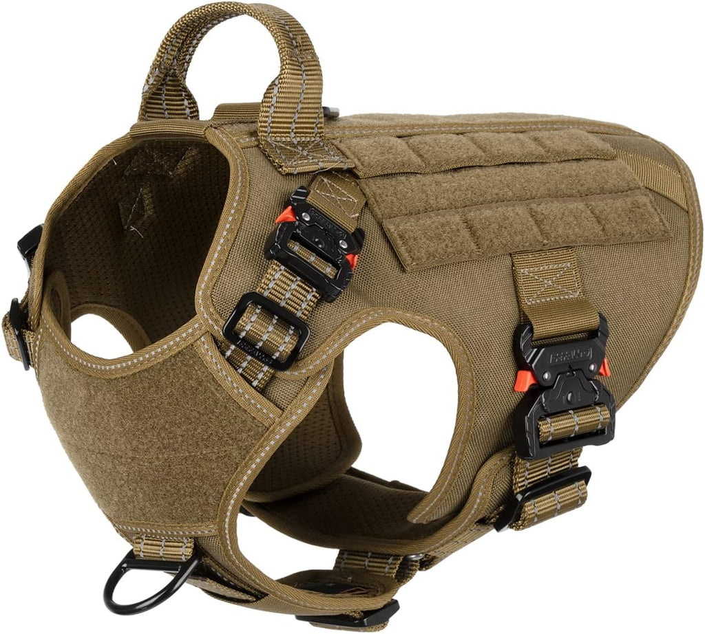Tactical Dog Harness for Medium Dogs,Full Metal Buckles Dog Vest | with MOLLE, Reflective,Adjustable,2 Leash Clips,Control Handle,No Pull,Soft Padded,Brown,Medium