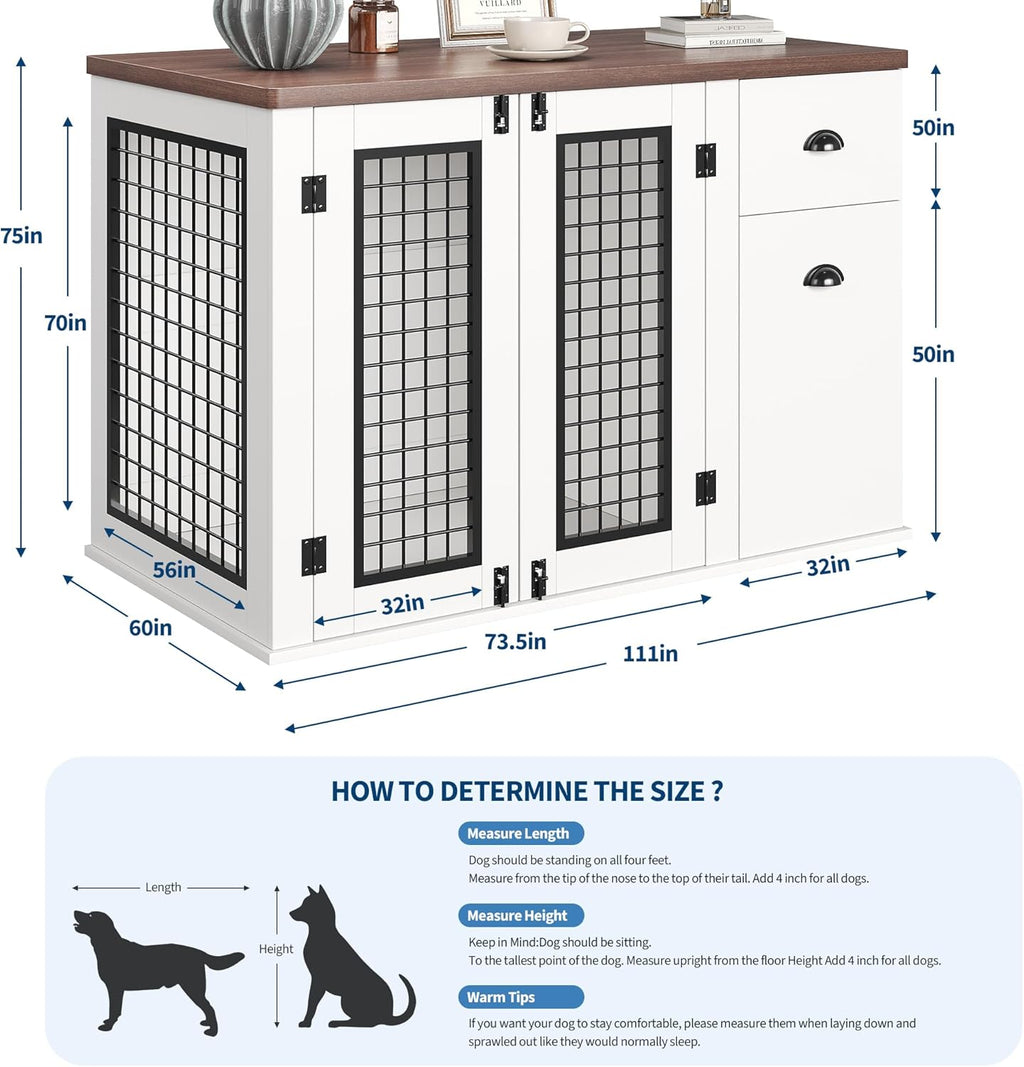44 Inch Dog Crate Furniture, Large Dog Crate Furniture with Drawer Sand Side Cabinets, Wooden Dogs Kennel Indoor for Small Medium Large Dogs, White