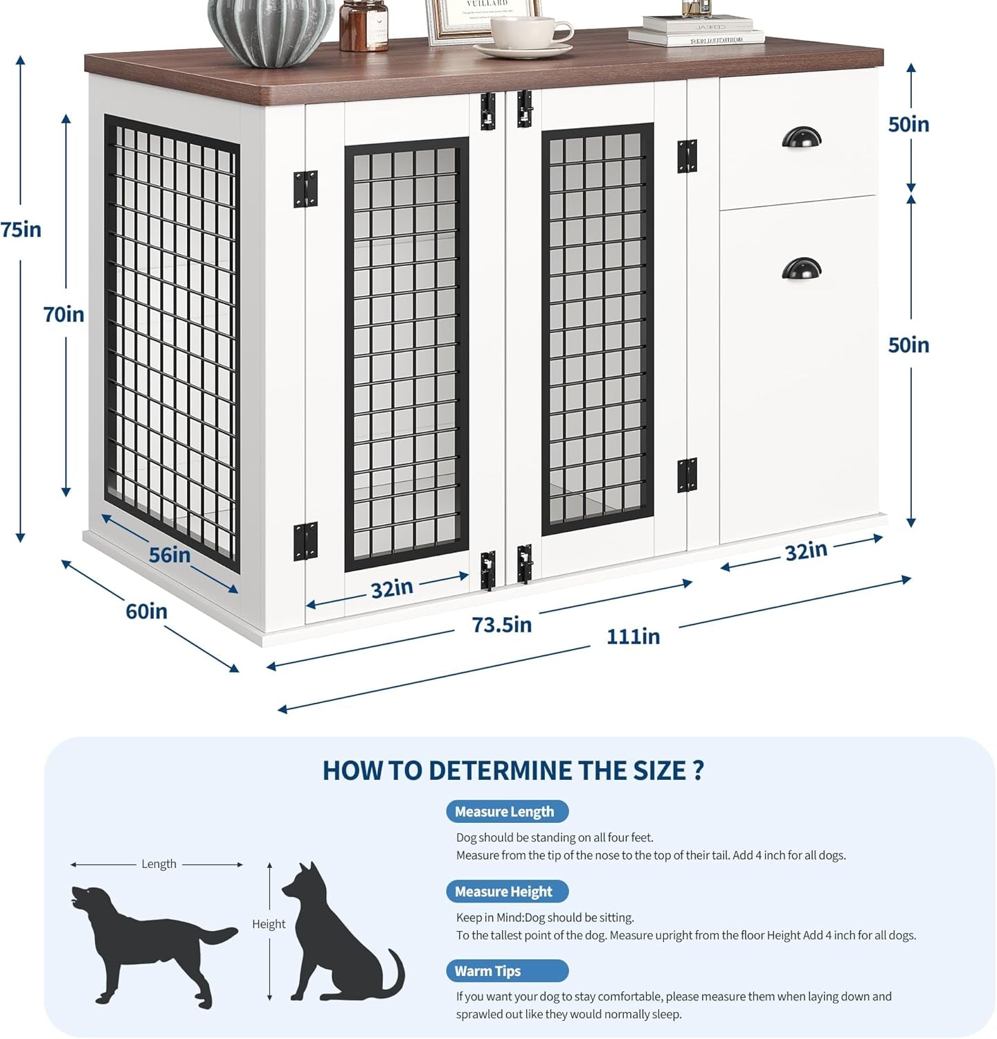 44 Inch Dog Crate Furniture, Large Dog Crate Furniture with Drawer Sand Side Cabinets, Wooden Dogs Kennel Indoor for Small Medium Large Dogs, White
