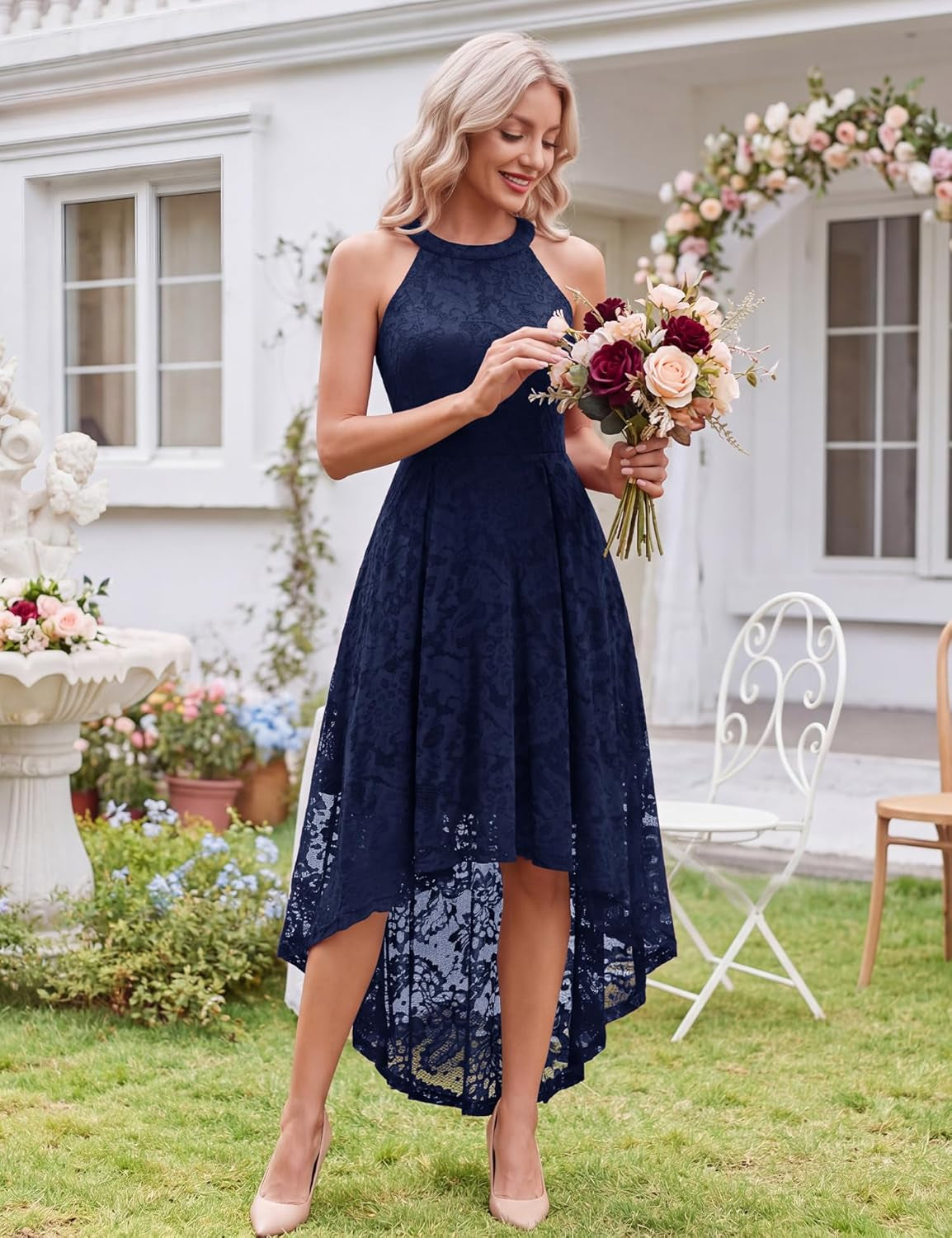 Women Halter Lace Hi Lo Wedding Guest Cocktail Formal Dress | Bridesmaid Wedding Dresses,Sleeveless,Halter Top Neckline,High Low Hem,Elegant a Line Design,Soft Floral Lace Party Dress