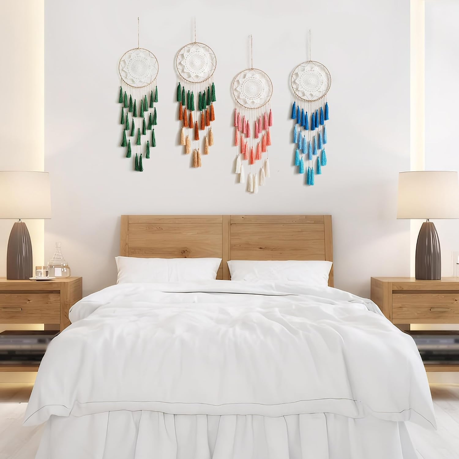 Macrame Dream Catcher Wall Hanging, Blue Large Boho Bedroom Decor | Handmade Tassel Feather Ornament, Natural Cotton, Modern Chic Living Room Nursery Art Decor, Blessing Gift for Women Girls