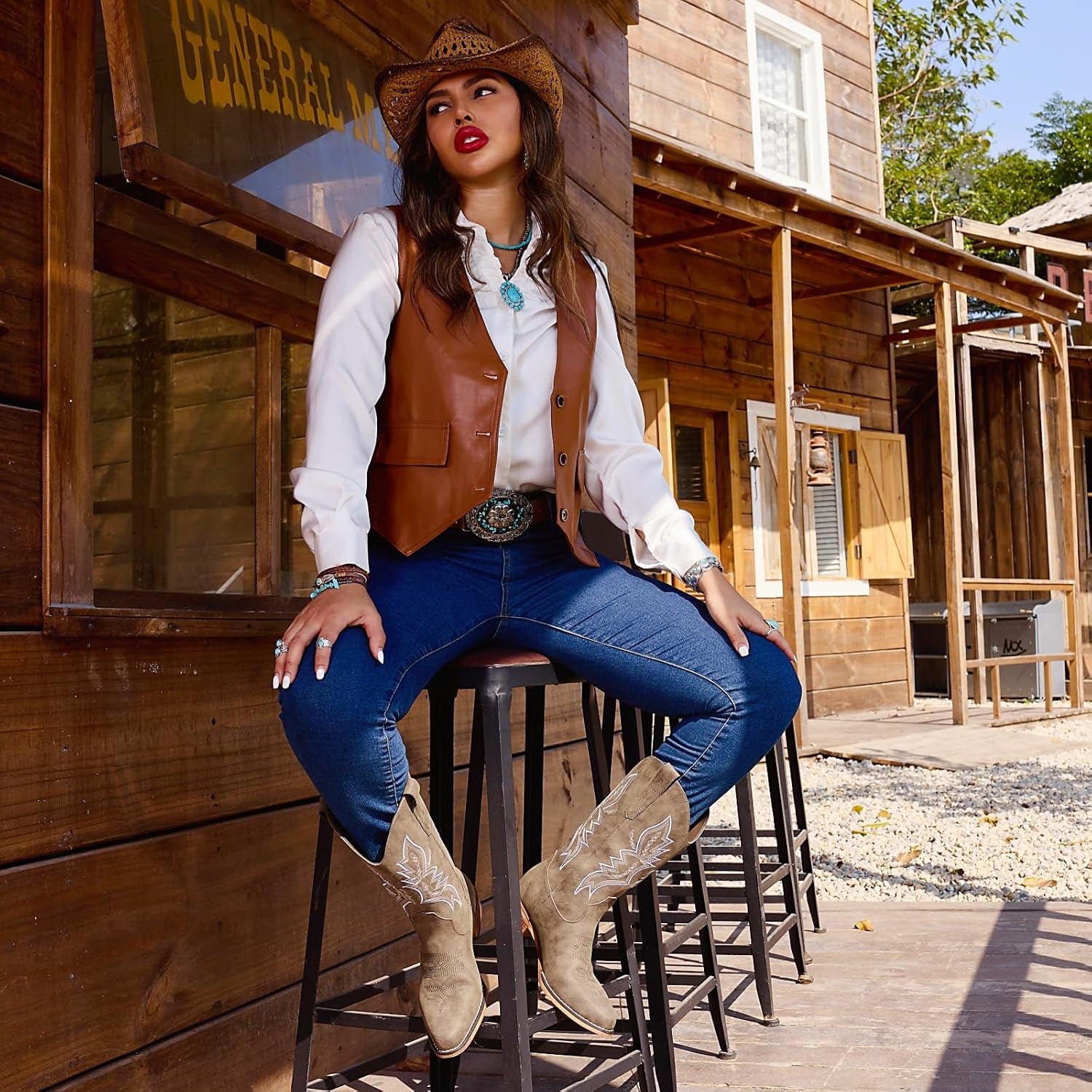 Cowboy Boots for Women Western Boots Cowgirl Boots Pull on Pointy Toe Mid Calf Boots