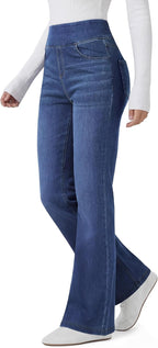 Women’S Trendy Stretchy Flare Jeans Pull on Casual Denim Pants | High Waisted Jeans with Pockets, Bootcut Leg, Soft Stretch Denim, Elastic Waist, Loose Fit, Casual Daily Wear, Work, Travel