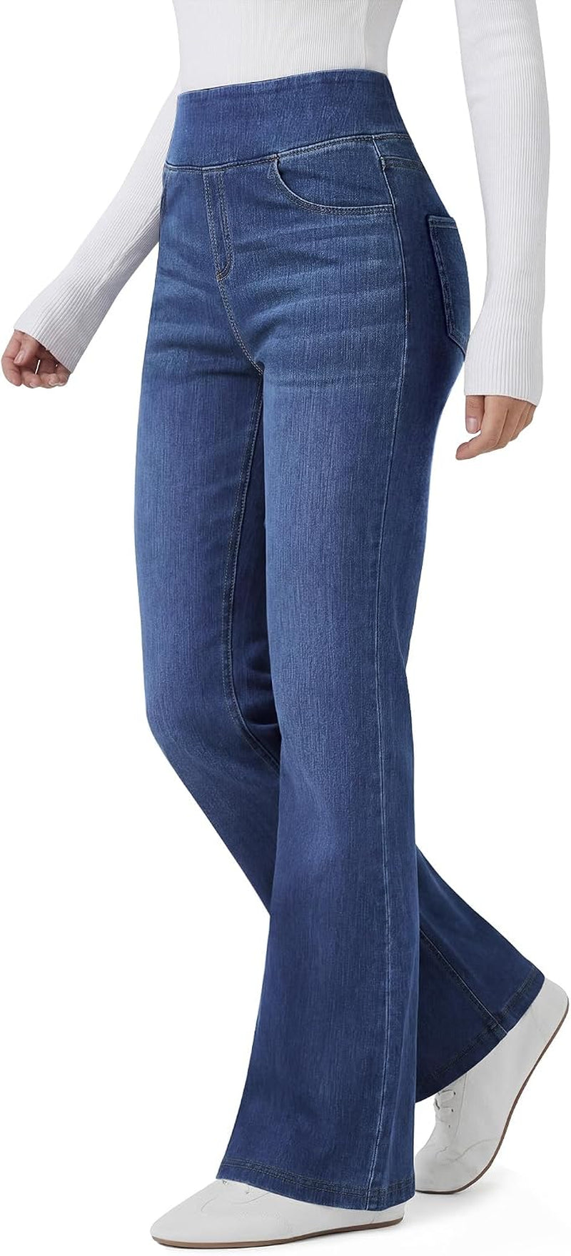 Women’S Trendy Stretchy Flare Jeans Pull on Casual Denim Pants | High Waisted Jeans with Pockets, Bootcut Leg, Soft Stretch Denim, Elastic Waist, Loose Fit, Casual Daily Wear, Work, Travel