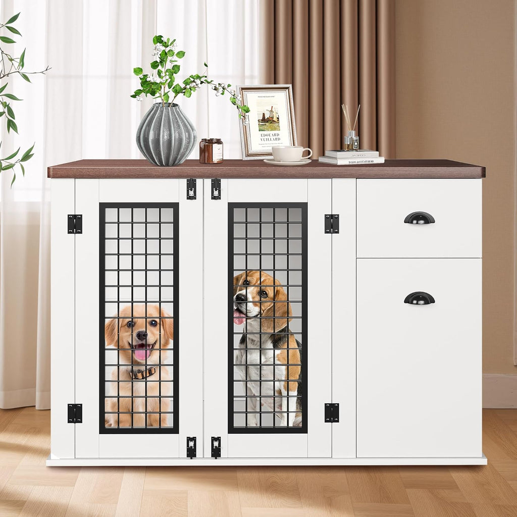 44 Inch Dog Crate Furniture, Large Dog Crate Furniture with Drawer Sand Side Cabinets, Wooden Dogs Kennel Indoor for Small Medium Large Dogs, White