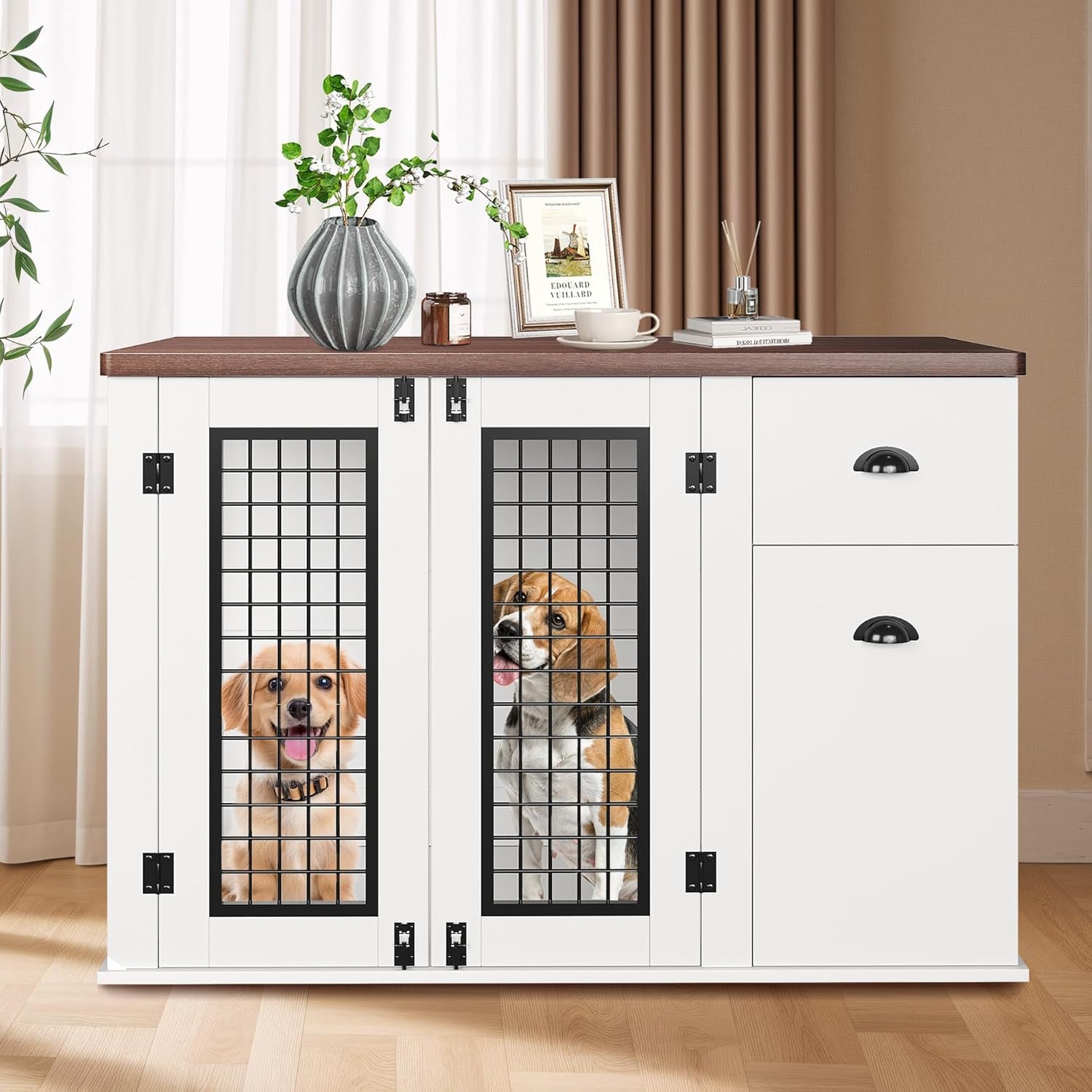 44 Inch Dog Crate Furniture, Large Dog Crate Furniture with Drawer Sand Side Cabinets, Wooden Dogs Kennel Indoor for Small Medium Large Dogs, White
