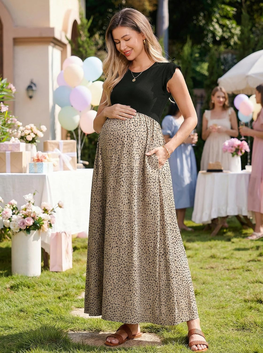 Women'S Ruffle Sleeve Patchwork Maternity Maxi Dress with Pockets | Soft Lightweight Fabric, Crew Neck, Stylish Print, Relaxed Fit, Baby Shower, Maternity Photoshoot, Casual, Daily Wear