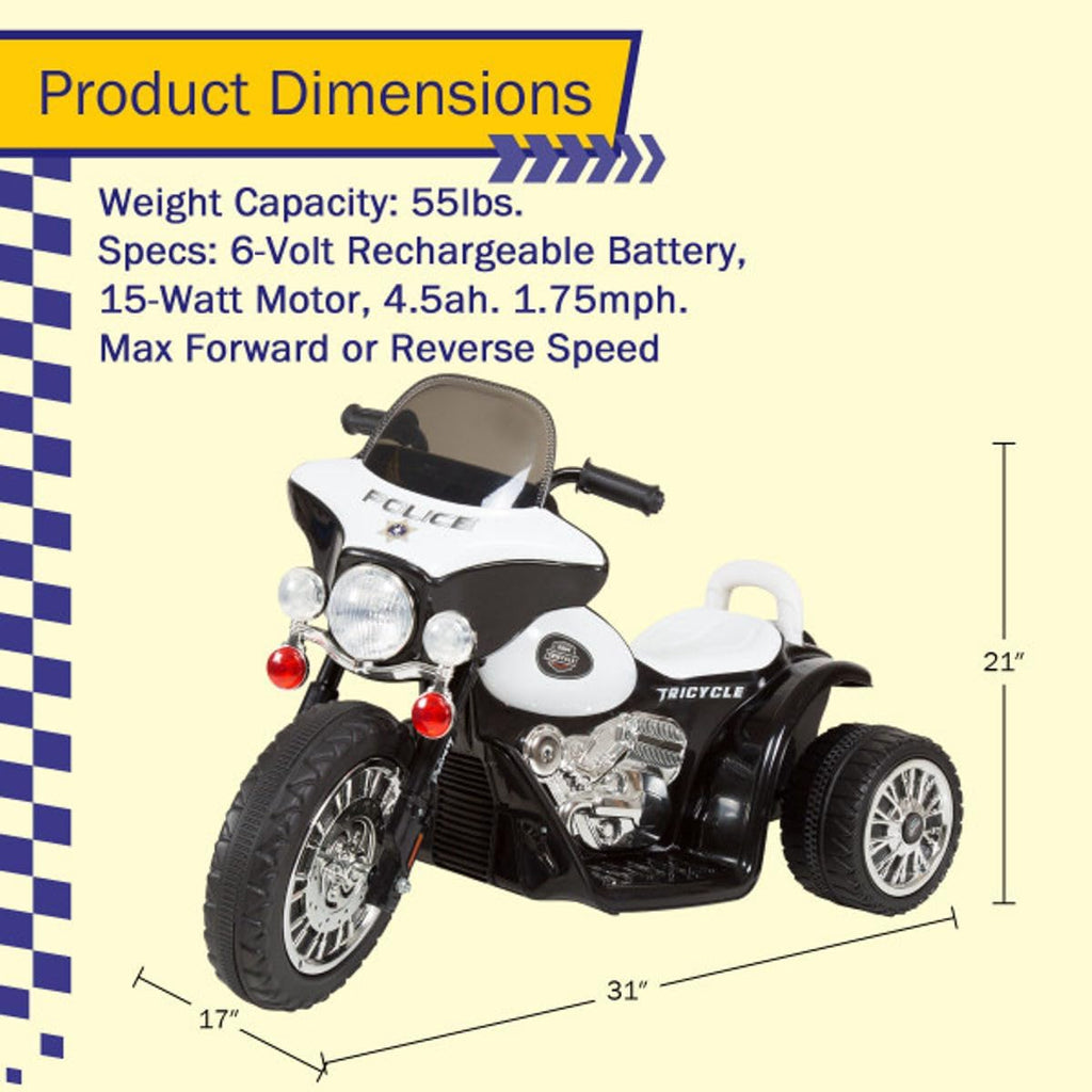 Kids Motorcycle - 3-Wheel Ride on Toy with Police Decals, Reverse, and Headlights - 6V Electric Motorcycle for Kids Ages 3 to 6 by  (Black)