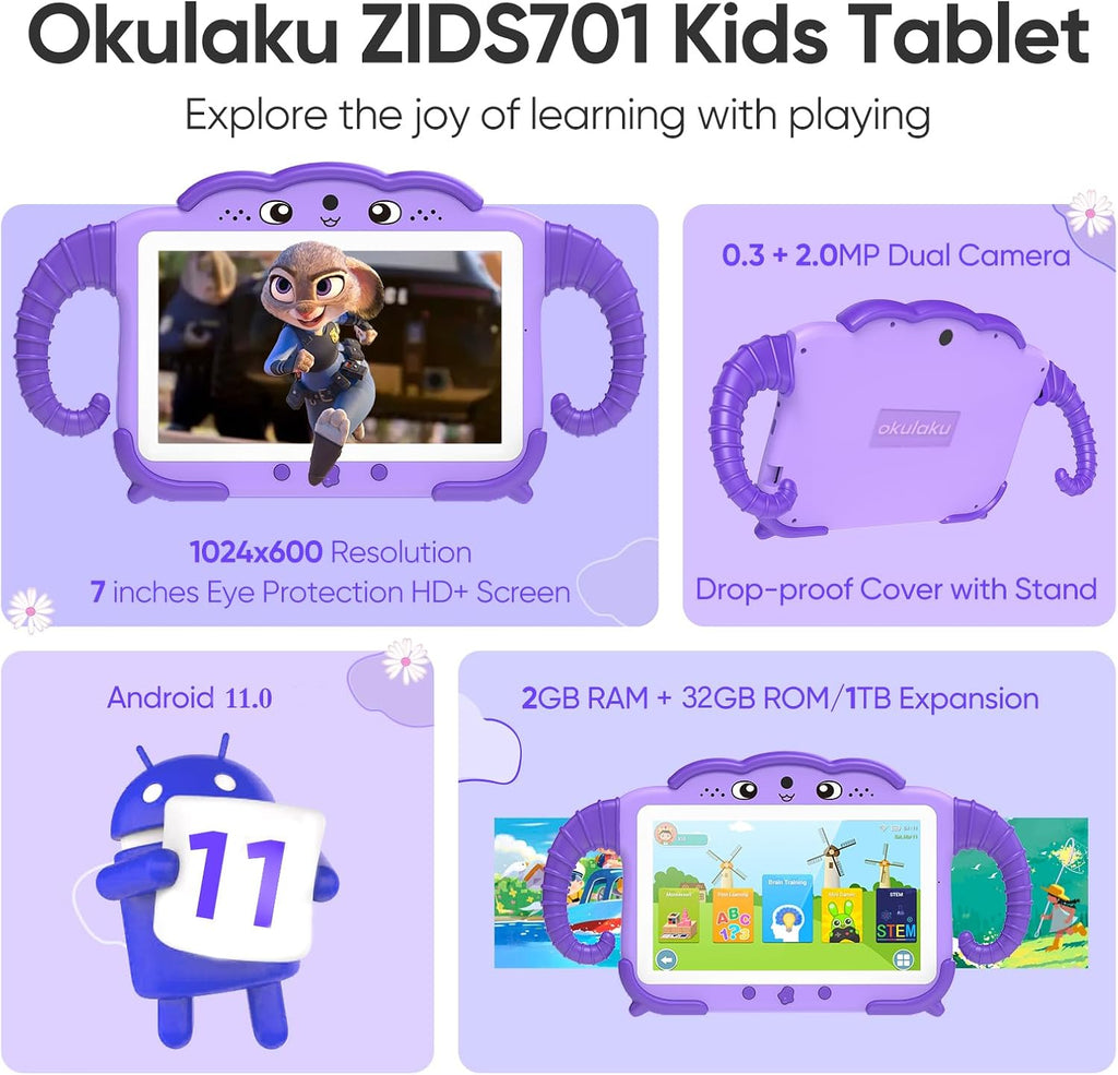 Kids Tablet 7 Inch 32GB Toddler Tablet with Protective Case, Wifi, Education Software Preinstalled for Boys Girls, Dual Camera, Parental Control, Youtube, GMS
