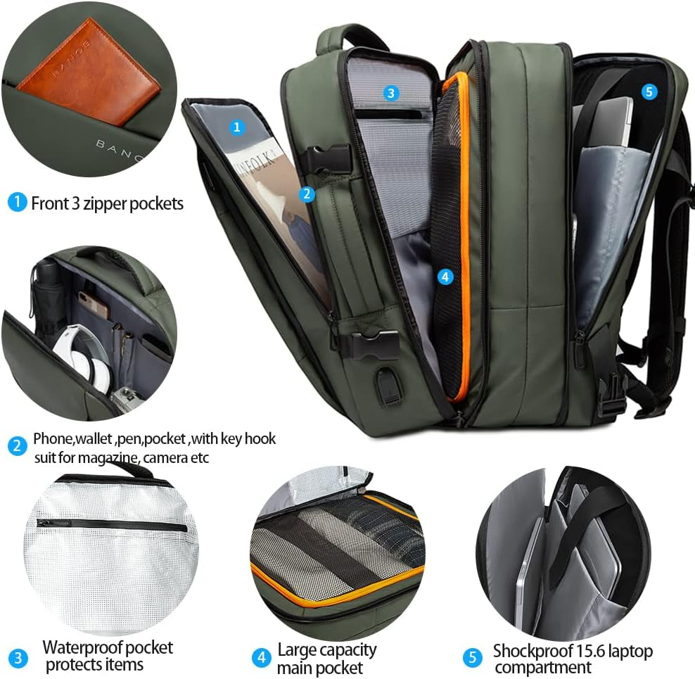 Carry-On Backpack, 45L Expandable Travel Backpacks,Weekend Backpack Briefcase,Waterproof Laptop Backpack Fits for 17.3” Laptop