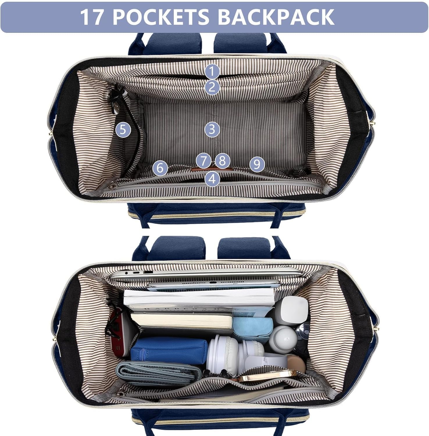 Laptop Backpack for Womem Work Bags: 17.3 Inch Travel Backpacks with USB Charging Port anti Theft Fashion College Bookbag Durable Back Pack Purse Bussiness Daypack for Nurse Teacher Navy Beige