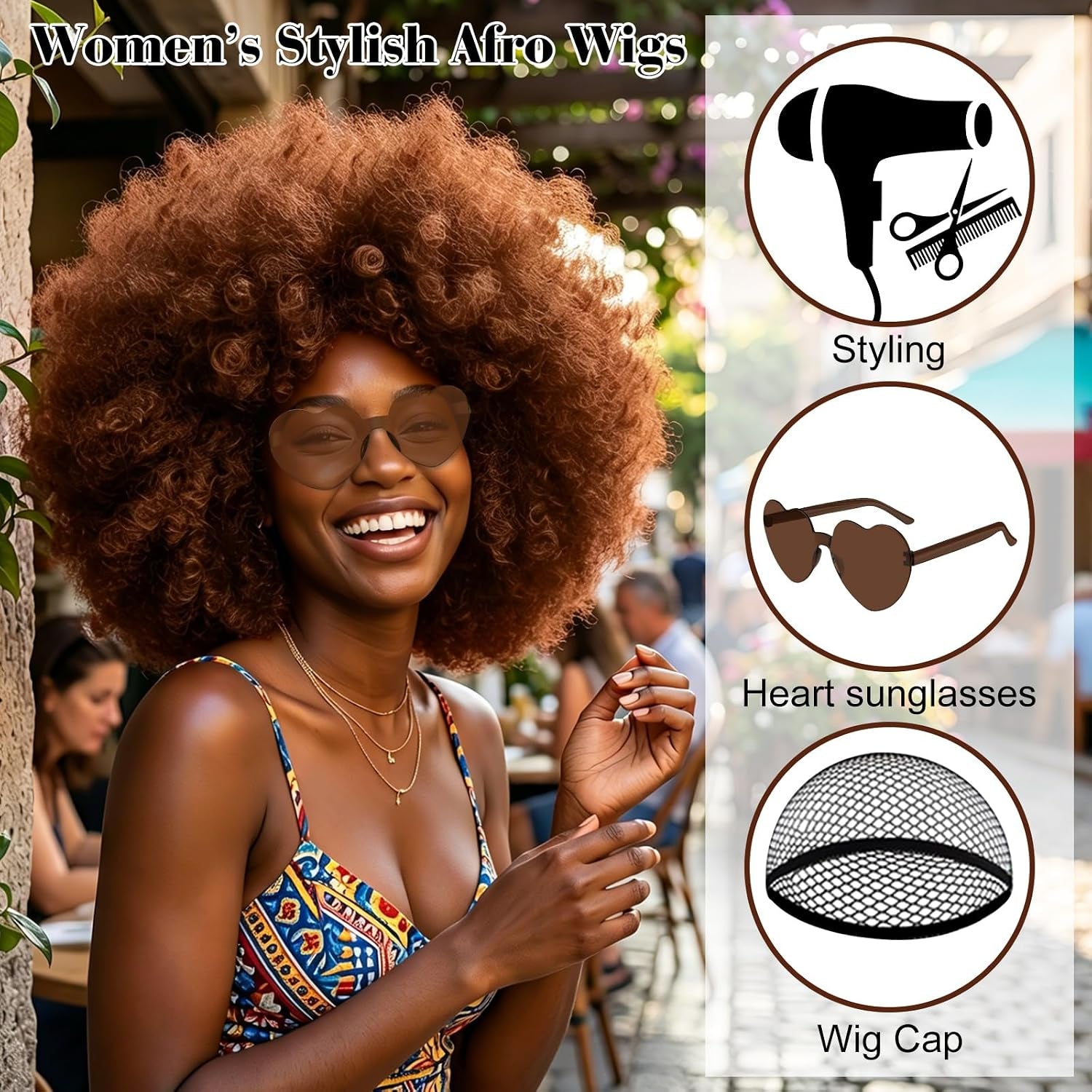 Brown Curly Afro Wig Heart Sunglasses for Women Men, Large Fluffy Funny Disco Afro Wigs Short Party Synthetic Hair with Bangs Hair Net 70S Outfits for Women Bachelorette Party Night Club