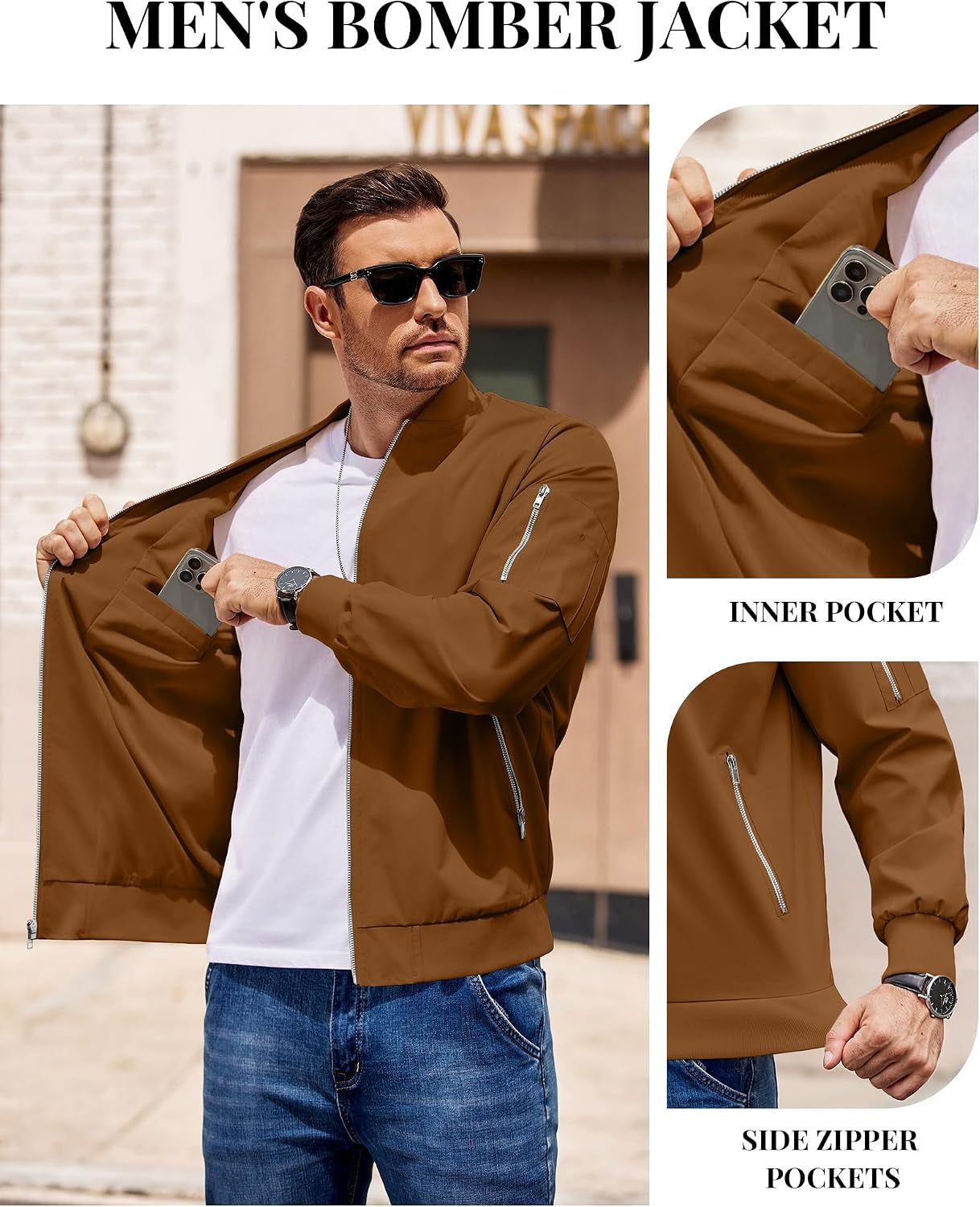 Men Bomber Jacket Lightweight Casual Fashion Stylish Windbreaker | Zip up Bomber Jacket, Water & Wind Proof Jacket with Zip Pocket, Fashion Stylish Lightweight Windbreaker for Spring Fall