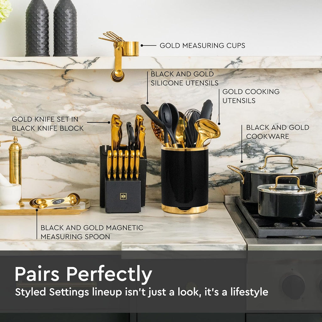 Black and Gold Utensil Holder with Built-In Spoon Rest | 2-Piece Black and Gold Spatula Holder, Kitchen Accessory, Utensils Not Included
