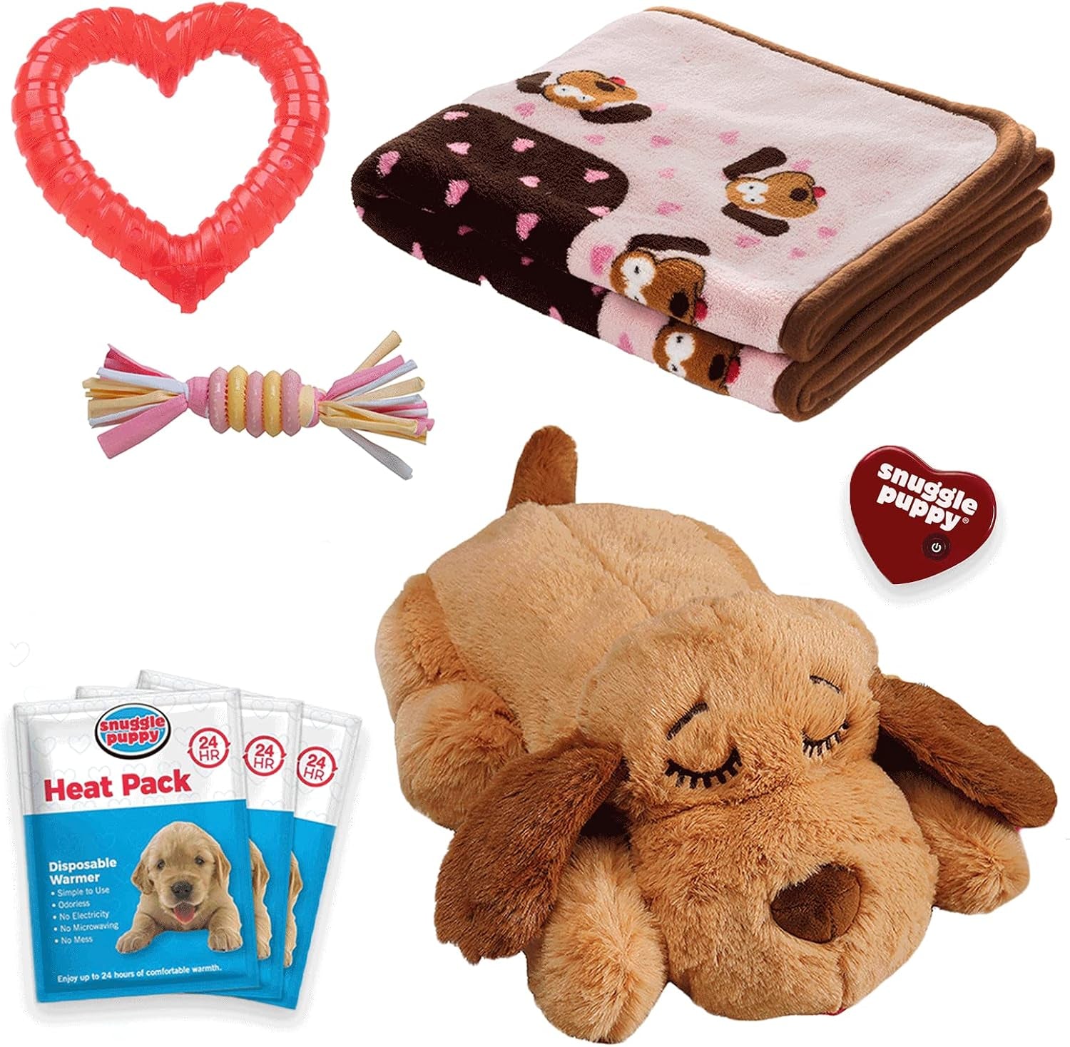 Snuggle Puppy Essentials Starter Kit, Heartbeat Toy & Blanket, Pink, Calming Comfort Toy, Puppy Blanket, Teething Toy, 3 Heat Packs, New Puppy Essentials for First Nights and Crate Training