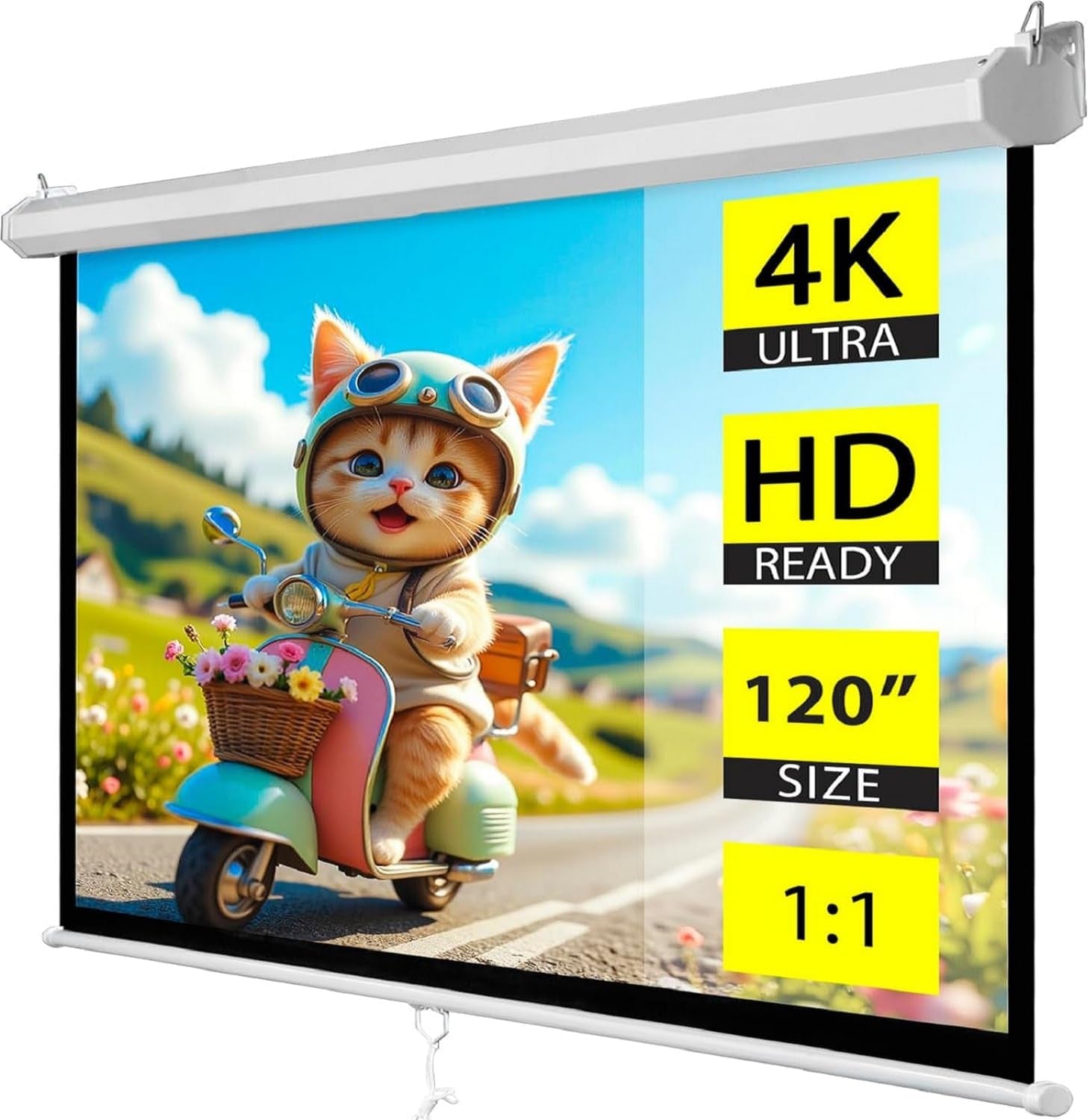 Projector Screen Pull down 100 Inch 16:9 HD, Manual Projection Screen Home Theater, Portable Indoor Outdoor Retractable Movie Screen Ceiling Wall Mount