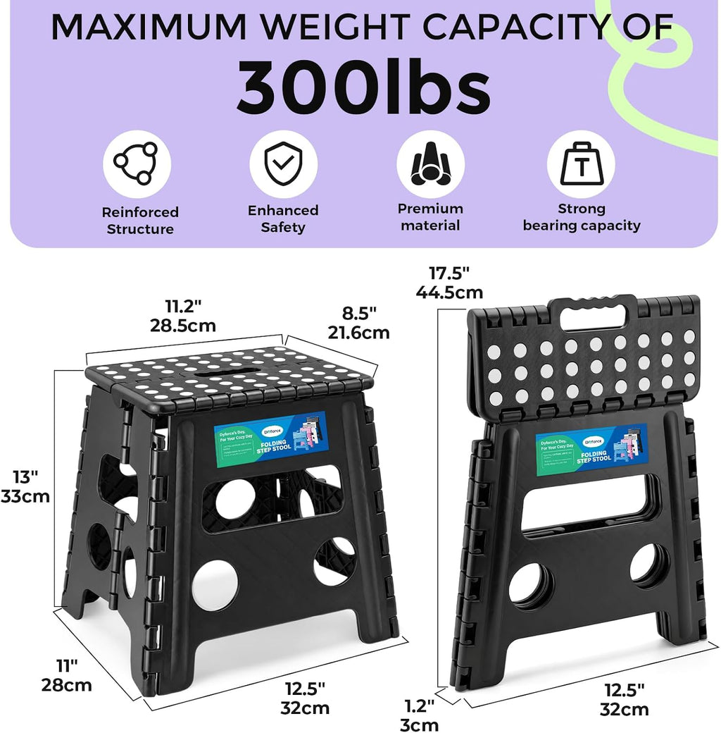 Folding Step Stool 13 Inch,300Lbs Foldable Stool for Adults & Kids | Stepping Stool Black,Non-Slip Plastic Compact Foot Stool with Carry Handle,Lightweight for Bathroom Kitchen Bedroom Garden