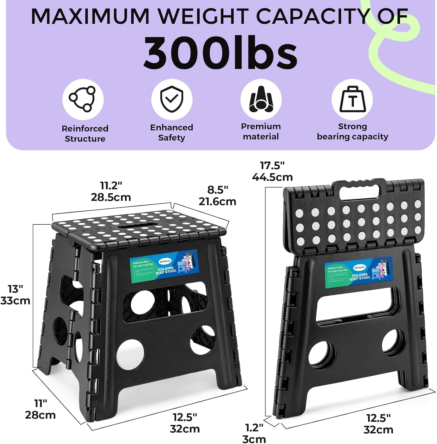 Folding Step Stool 13 Inch,300Lbs Foldable Stool for Adults & Kids | Stepping Stool Black,Non-Slip Plastic Compact Foot Stool with Carry Handle,Lightweight for Bathroom Kitchen Bedroom Garden