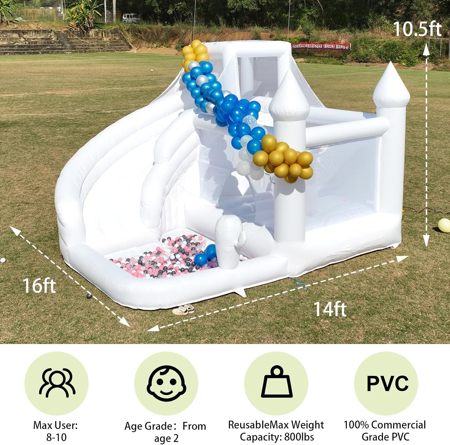 16FT Commercial White Bounce House for Kids & Adults with Slide & Ball Pit | 100% PVC Inflatable Bounce House with Slide, Ball Pit and Blower, Ideal for Weddings, Parties, Backyard Events and Family Fun