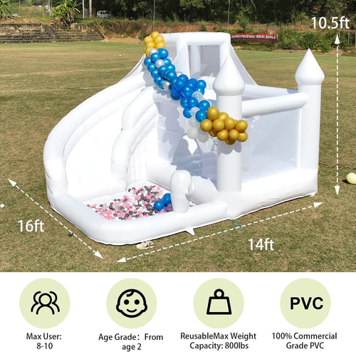 16FT Commercial White Bounce House for Kids & Adults with Slide & Ball Pit | 100% PVC Inflatable Bounce House with Slide, Ball Pit and Blower, Ideal for Weddings, Parties, Backyard Events and Family Fun