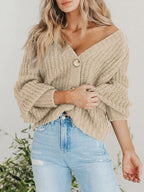 Women'S Chunky Knit Open Front Cardigan Sweaters Fall Outfits | V Neck Button Loose Short Cardigan Outerwear Coats, Slouchy Drop Shoulder Loose Cute Sweaters, Fall Clothes for Work & Office