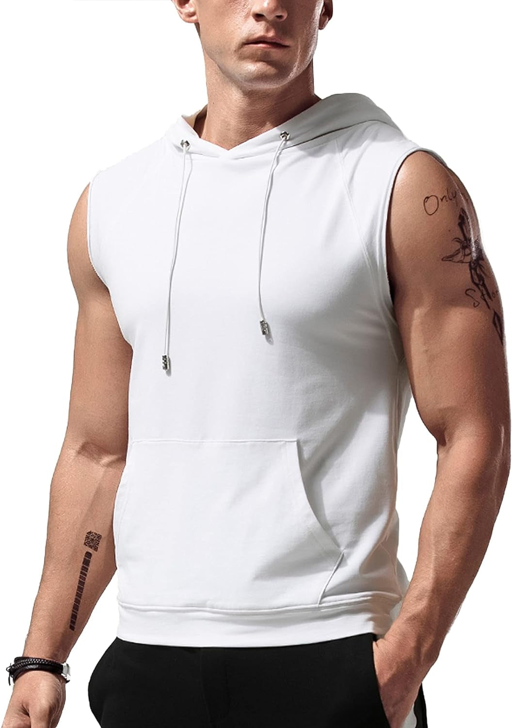 Sleeveless Hoodie Men Workout Hooded Tank Top Gym Muscle Shirts with Pocket