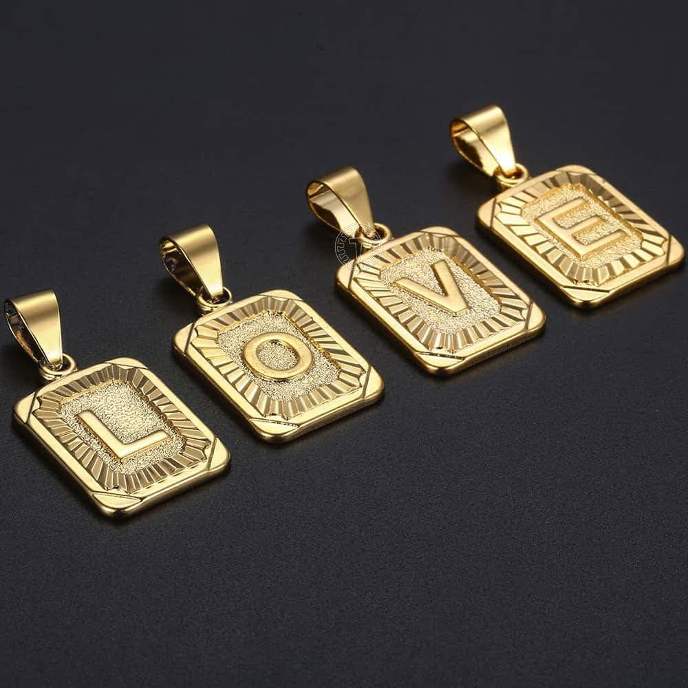 Rectangle Initial Letter Pendant Charm for Mens Womens Gold Plated Capital Letter Pendant Necklace Rolo Chain 18Inch