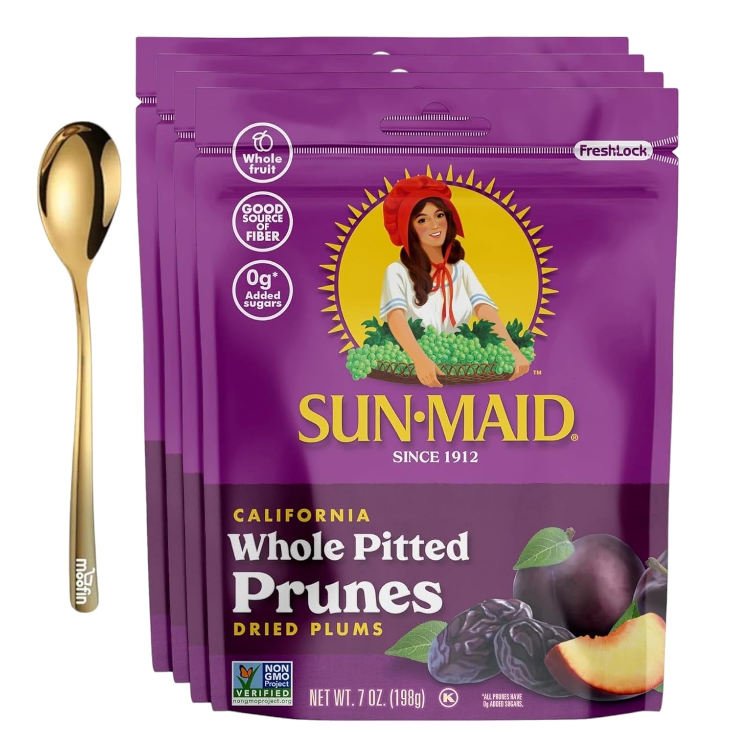 Sun-Maid Prunes Pitted Unsweetened, 7 Oz, Nutritious Dried Prunes with  Golden SS Spoon, California Plums, High in Fiber & Antioxidants, No Artificial Flavors and Colors, Non-Gmo, Whole Pitted Prunes Dried Plum, Pack of 4