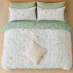 Green Floral Microfiber Duvet Cover Set 3Pcs Queen Bedding Comforter Cover Botanical Reversible Quilt Ultra Soft Bedspread Zipper Closure Cozy Farmhouse Boho Cottage Style Bedroom Essentials