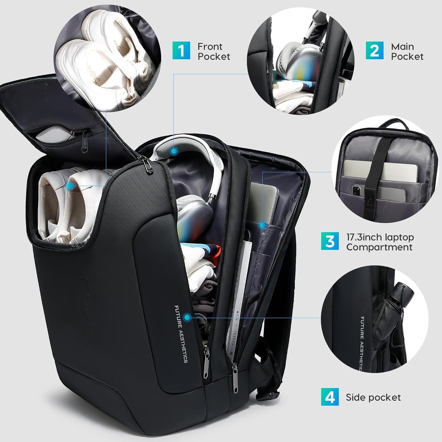 Men'S Laptop Backpack for 17.3Inch Notebook,Waterproof Fashion Travel Backpacks,High Tech Backpack with Water Bottle, Work Business Backpacks for Men and Women